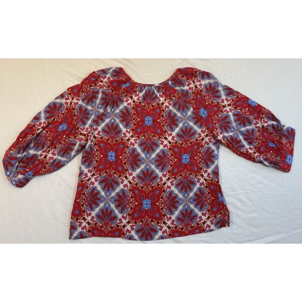 Karen Kane L Boho Medallion Print Split V-Neck Tie Blouse 3/4 Sleeve Viscose